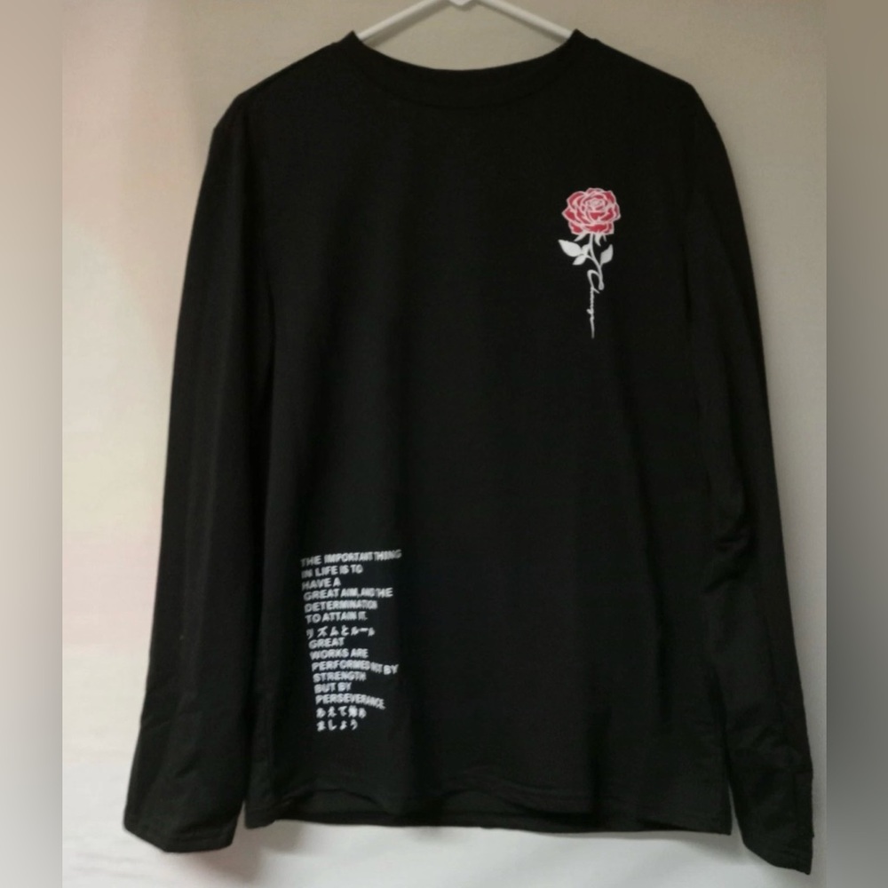 Elegant Black Long Sleeve Shirt with Rose Accent